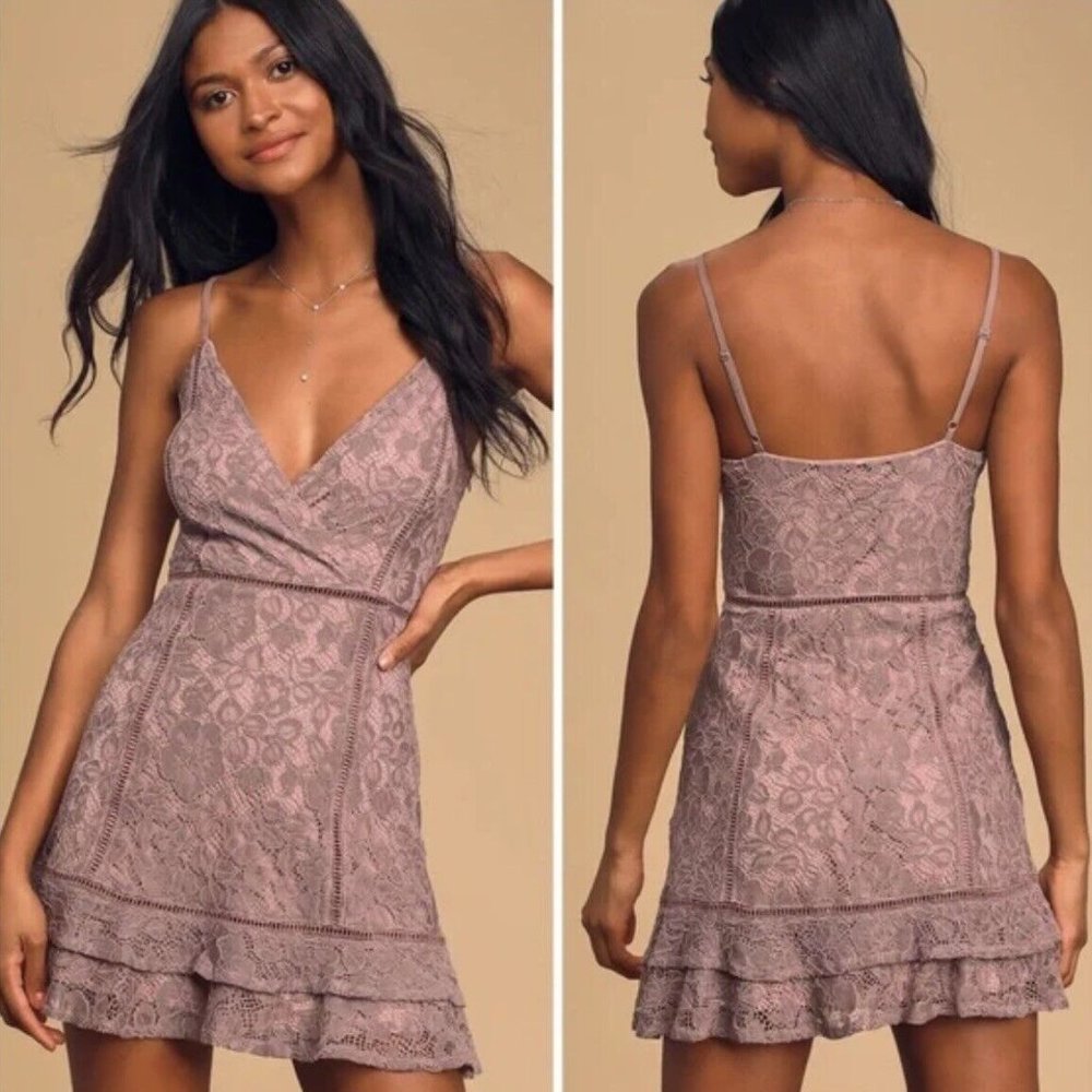 NWT Lulus Sweet Like Candy Dusty Purple Lace Ruffle Mini Dress
